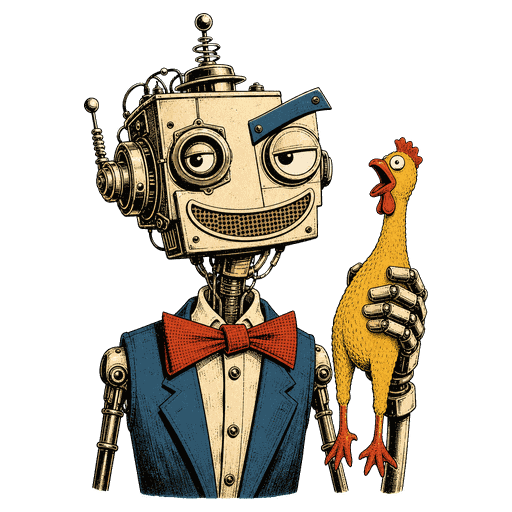 Cliff Hudson, a wiry smirking robot with a crooked bowtie holding a rubber chicken