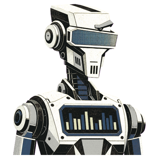 Dot Ledger, a slim robot with a green visor and a chest screen of charts