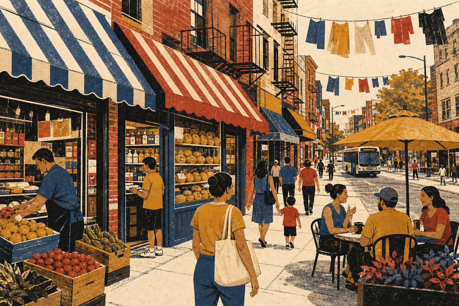 Illustration of Bergenline Avenue storefronts and street life in West New York